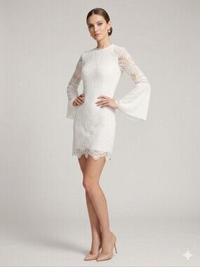 Eilly Bazar White Lace Bell-Sleeve Mini Dress